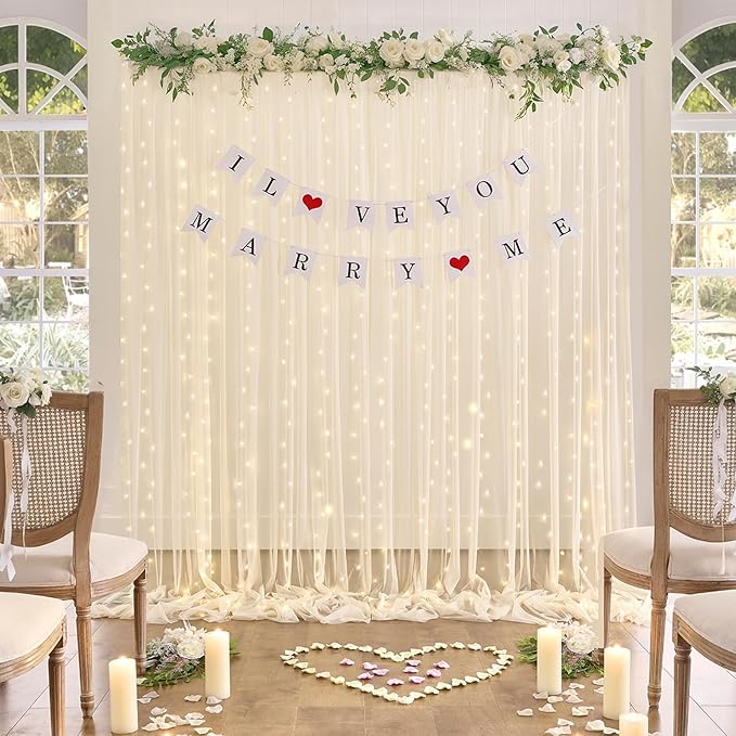 10×12ft Champagne Tulle Backdrop Curtain with Lights String for Parites Sheer Fabric Backdrop Curtains for Wedding Baby Shower Birthday Party Backdrop Drapes Bridal Shower Photo Shoot Background