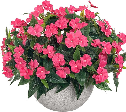 Fake Flowers Artificial Flowers for Outdoor,Silk Artificial Impatiens Bouquet Flowers for Outdoors，Spring Flowers Flores Artificiales para Decoracion Indoor Decor 15.7" (Rose Red) 8PCS