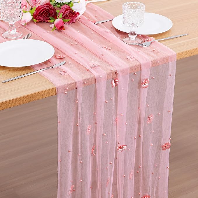 BINBE 4pcs Flower Pearl Table Runner Spring Summer Rustic Boho 10ft Tulle Table Runner for Baby Shower Wedding Veil Holiday Dessert Table Decor Pink