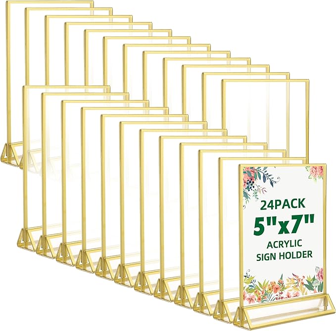TonGass 24-Pack 5"x7" Gold Acrylic Picture Frames – 3mm Gold Border Wedding Table Number Holders, Clear Double-Sided Acrylic Sign Holders for Weddings, Banquets, Parties, Centerpieces