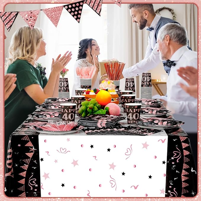 Funnymoom 452 Pcs 40th Birthday Decorations for Women Black and Rose Gold 40th Birthday Paper Plates Cups Napkins Tablecloth Cutlery Straws for Girls Women 40 Year Old Party Supplies for 50 Guests