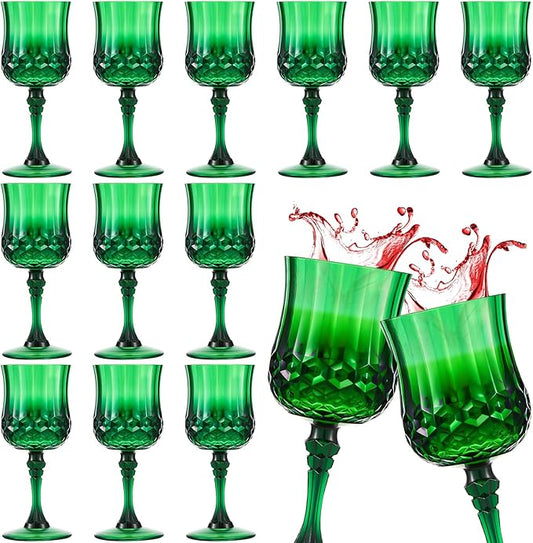 Pinkunn 12 Pcs 7 oz Plastic Vintage Wine Glasses Reusable Colored Goblets Patterned Drinking Water Glasses Cup Dishwasher Safe for Mother's Day Wedding Reception Party Supplies (Green)