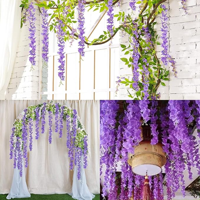 48 Pack Artificial Wisteria Hanging Flowers Fake Wisteria Flower Garland Silk Vines Rattan Decor for Home Wedding Arch Wall Garden Greenery Bedroom Outdoor Office Party Decoration (Purple)