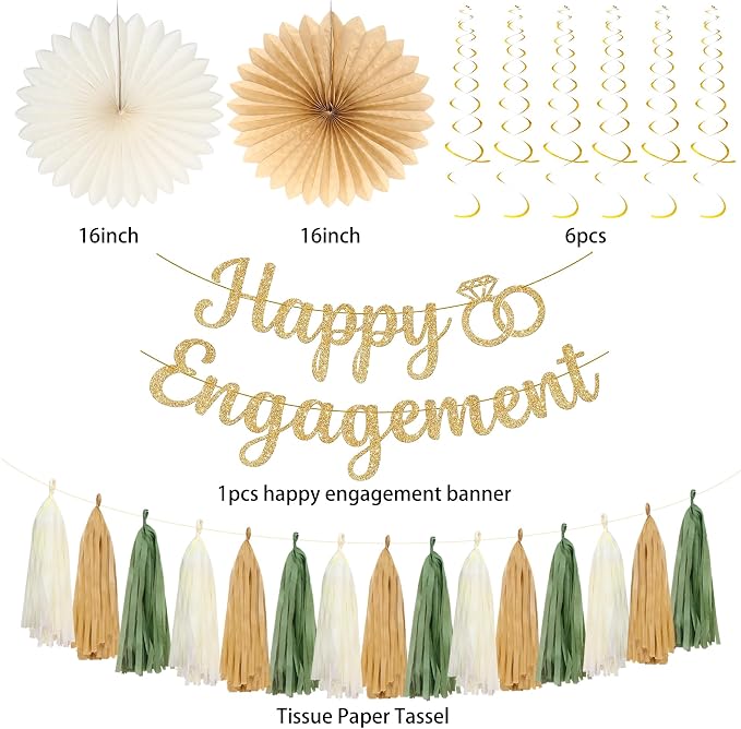 Roetyce Engagement Party Decorations, Green and Gold Glitter Happy Engagement Banner, Almost Married/Just Engaged Photo Background, Sage Green Congratulations Wedding Bachelorette Backdrop Decor
