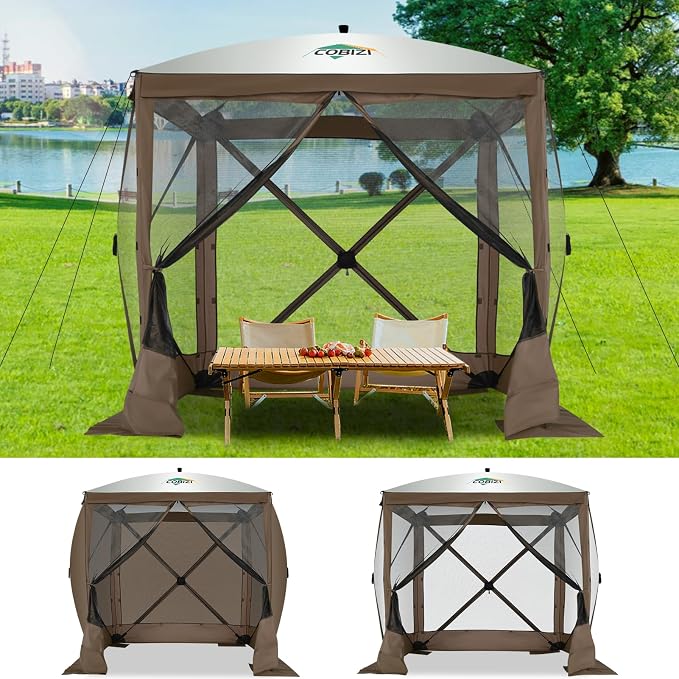 COBIZI 6x6 FT Pop up Gazebo, Popup Canopy Tent, Screened in Gazebos with sidewalls, Waterproof Portable Outdoor Small Screen Tents Sun Shelter,carpas para Patio for Camping, Garden and Backyard,Brown