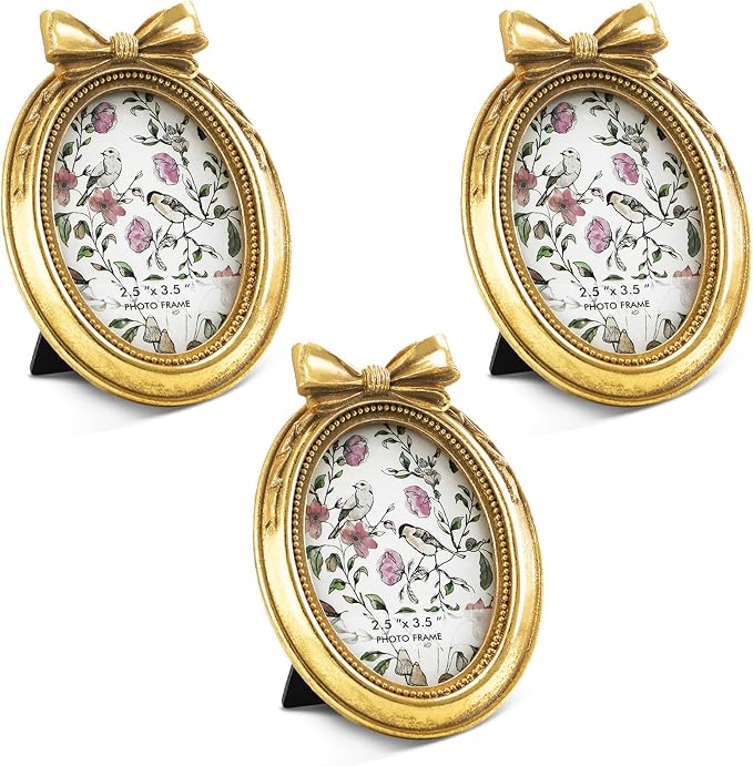 Vicenpal 3 Pcs Mini Gold Vintage Picture Frames, Resin Baroque Photo Frame with Glass and Stand, Small Antique Oval Frames for Wedding Anniversary Home Table Wall Decor, 2.5 x 3.5 Inch