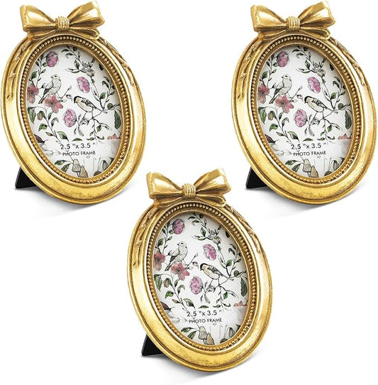 Vicenpal 6 Pcs Mini Gold Vintage Picture Frames, Resin Baroque Photo Frame with Glass and Stand, Small Antique Oval Frames for Wedding Anniversary Home Table Wall Decor, 2.5 x 3.5 Inch