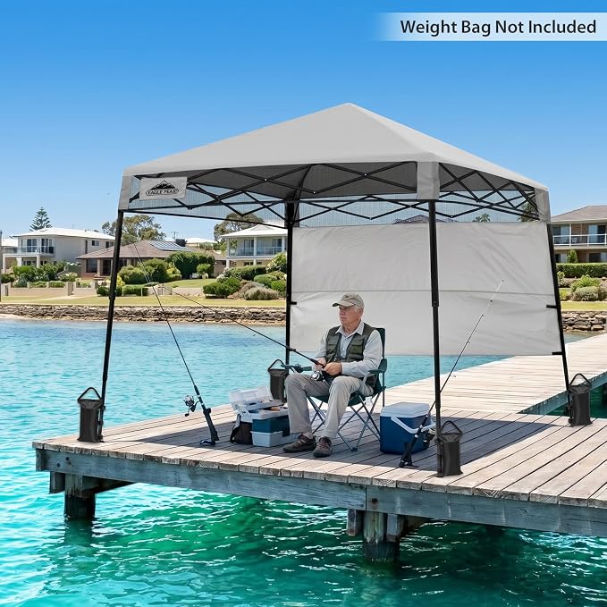 EAGLE PEAK 8x8 Pop Up Canopy Tent with Sidewall, Compact, Portable Slant Leg Instant Sun Shelter for Beach, Sports, & Camping, 8x8 Base 6x6 Top, Offwhite
