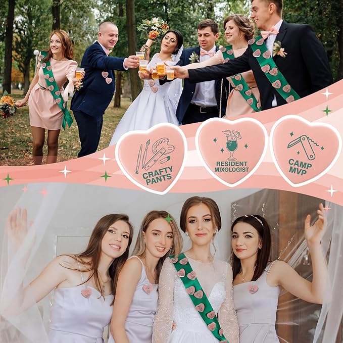 Tondiamo 36 Pcs Camp Bachelorette Party Badges with 12 Pcs Sashes Camping Bachelorette Decorations Buttons Pins for Bridal Showers Accessories Wedding Bachelor Party Favors DIY Costume Backpack Gifts