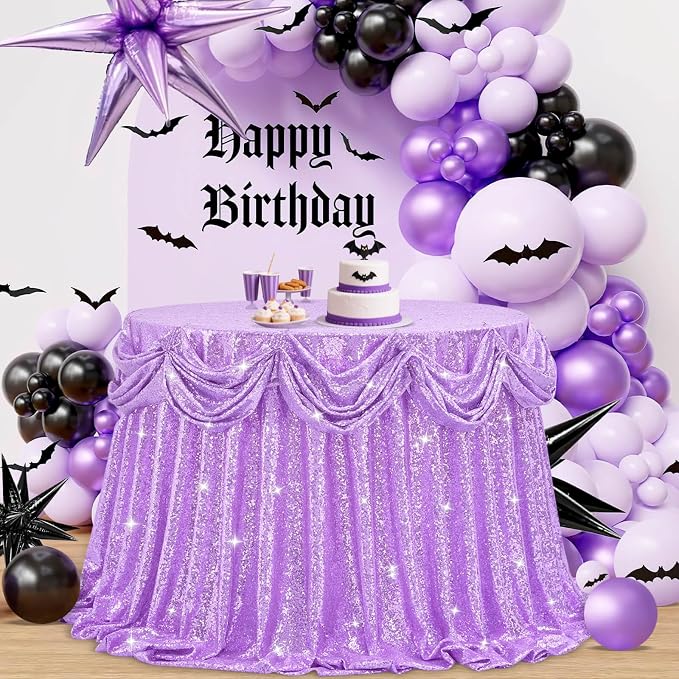 B-COOL Round Sequin Tablecloth Party Decor: 120 Inch Table Cloth Lavender Glitter Fabric Overlay for Indoor Outdoor Dining Parties Home