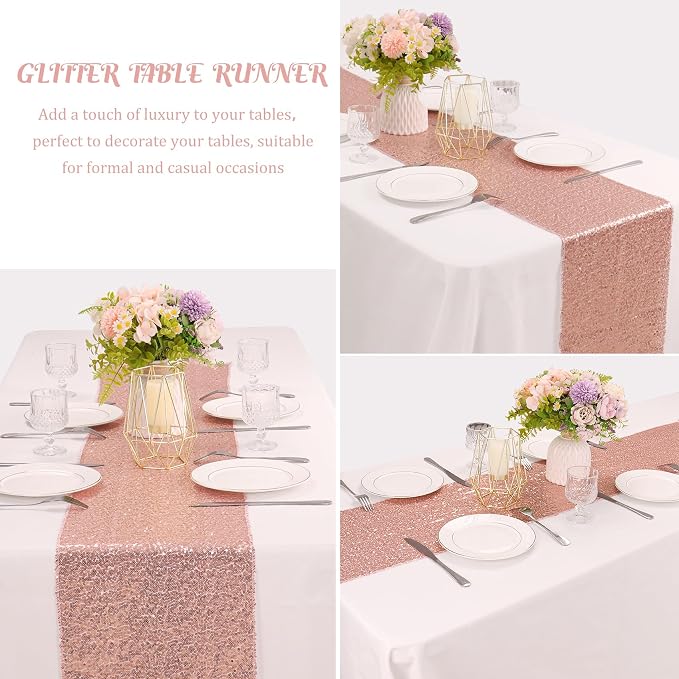 6 Pack Rose Gold Valentine's Day Sequin Table Runner Sequin Table Cloths 12" x 72" Sparkle Table Runner for Baby Bridal Shower Wedding Birthday Party Table Decor (Rose Gold)