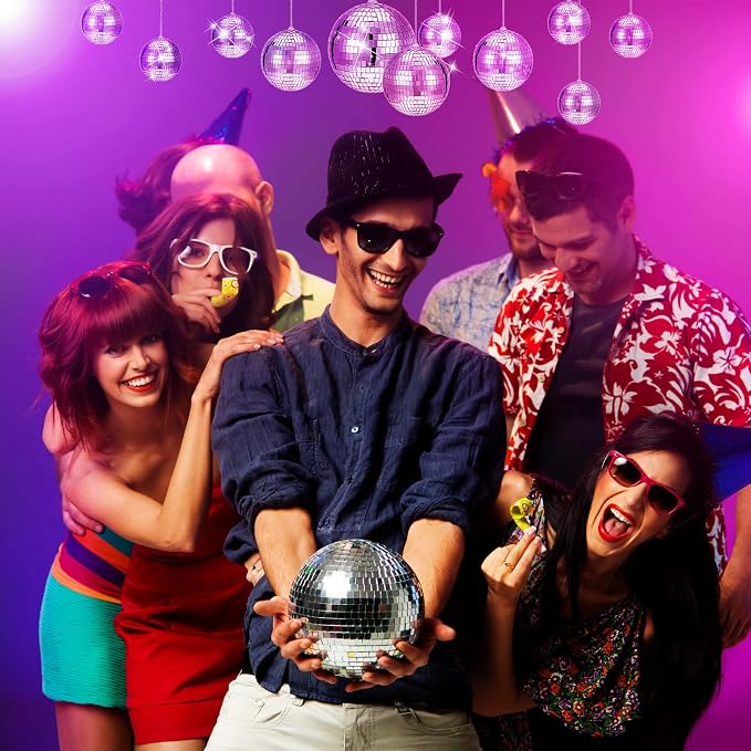 WILLBOND 12 Pack Disco Ball Party Decorations Hanging Mirror Balls Fun Retro Dj Lighting Effect Stage Props Game Accessories, 5.91", 3.94", 3.15", 2.36"(Silver)