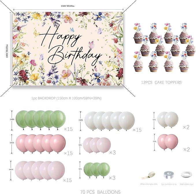 Wildflower Birthday Decorations for Women Girls, Sage Green Dusty Pink Balloon Arch Garland Kit with Floral Happy Birthday Backdrop, 12 Cupcake Toppers, Boho Spring Garden Party Supplies