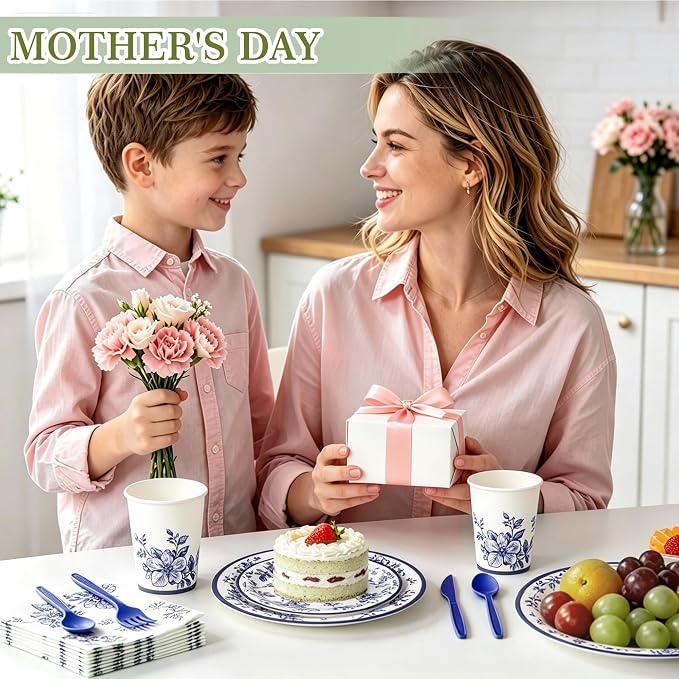400 Pcs Disposable Blue and White Floral Tableware Set for 50 Guests | Heavy-Duty 7" & 9" Paper Plates, Cups, 13" Napkins & Plastic Cutlery for Bridal Baby Shower and Tea Party Supplies