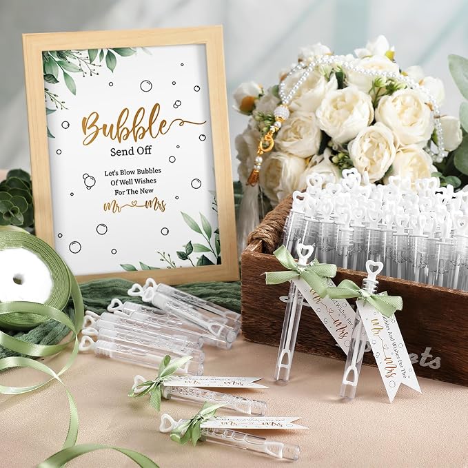 405 Pcs Wedding Send Off Bubble Ideas Set Include Heart Bubble Wands Gift Tags Cards Wood Photo Frame Ribbons Wedding Send Off Party Favors for Guests(Sage Green)