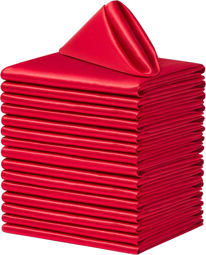 24 Pack Square Satin Dinner Napkins, 17x17 Inches Silky Soft Smooth Table Cloth Napkins for Restaurant Weddings Banquet Party Decoration, Red