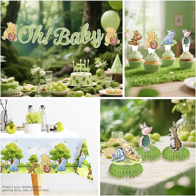 Xynic 193pcs Classic Bear Baby Shower Decorations Complete Party Set for 25 Guests, Classic Pooh Disposable Plates, Napkins, Banner, Tablecloths, for Vintage Bear Baby Shower Decorations for Girl Boy