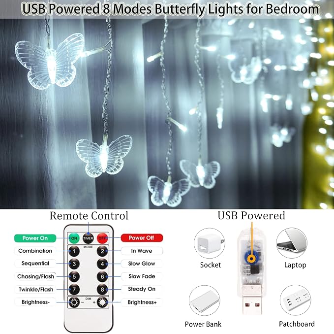 Butterfly Curtain Fairy Lights USB Plug in,120 LED 8 Modes 20FT Firefly Twinkle Icicle String Lights with Remote Timer Waterproof Copper Wire for Bedroom Patio Christmas Wedding Party Dorm(Cool White)