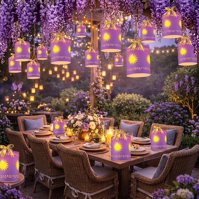 Beeveer 20 Pack Princess Sun Hanging Lanterns DIY Set Purple Princess Hanging Paper Lanterns Purple Sun Cutout Square Round Decorations for Birthday Party, Light String Not Included(Vivid Color)
