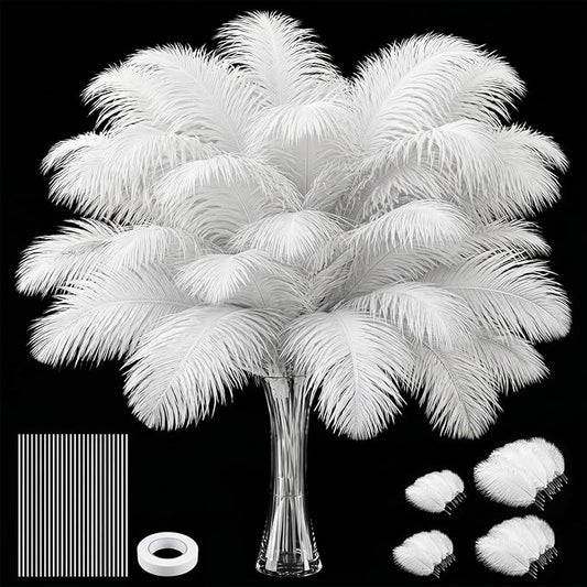 Piokio 100 Pcs Large Natural White Bulk Ostrich Feathers, 14-16 Inch 12-14 Inch 10-12 Inch 8-10 Inch Ostrich Feathers Plumes for Wedding Party Decoration, Centerpieces Home Decor Flower Arrangement