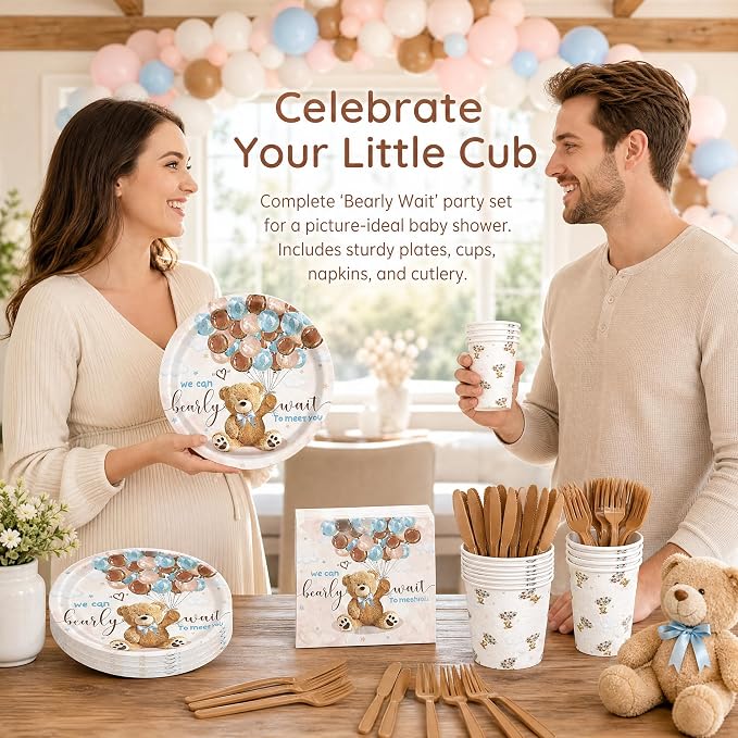 120PCS We Can Bearly Wait Party Supplies for Boys Girls Baby Shower Bear Themed Teddy Pregnancy Announcement Decorations Tableware Set Dessert Plates Napkins Cups Set for 20 Guests