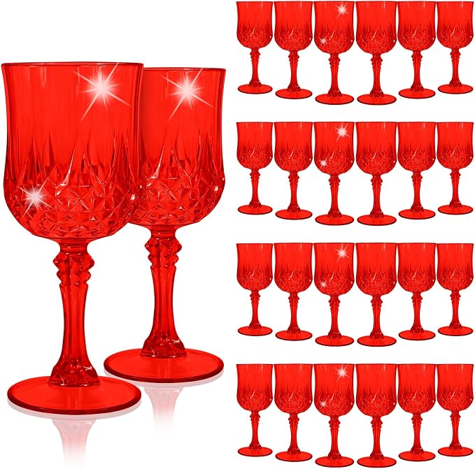 24Pack Red Plastic Wine Glasses,Vintage Plastic Goblets for Parties, Red Drinking Glasses Crystal Water Goblets Reusable for Wedding Reception, Grand Event Party Supplies