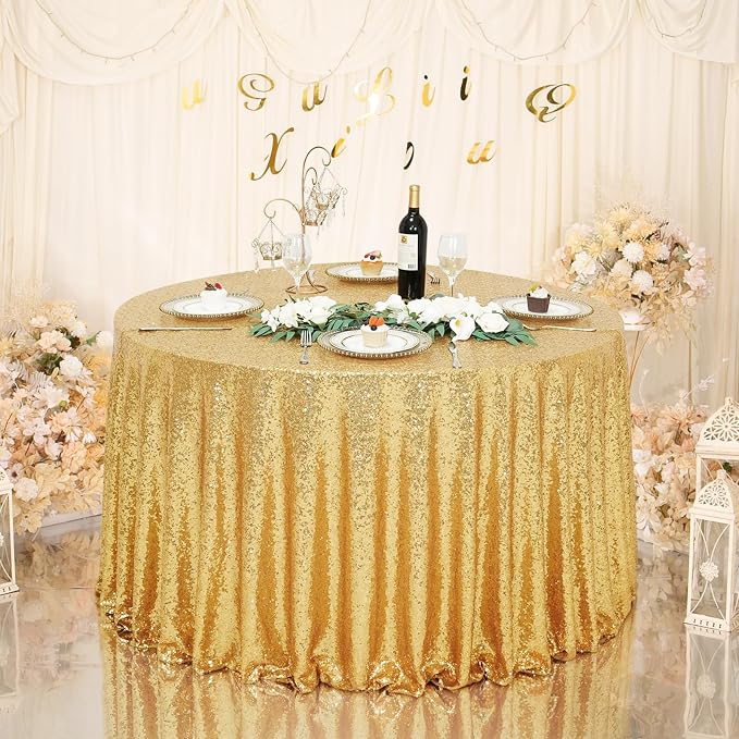 Eternal Beauty Gold Tablecloth, 120 Inch Round Sequin Tablecloth for Valentines Party Cake Dessert Table Exhibition Events