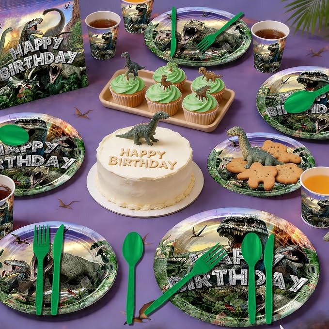 Dinosaur Birthday Decorations 280 PCS Dinosaur Birthday Backdrop Plates Napkins Tablecloth Balloons Jurassic Dino Party Supplies Serve 24