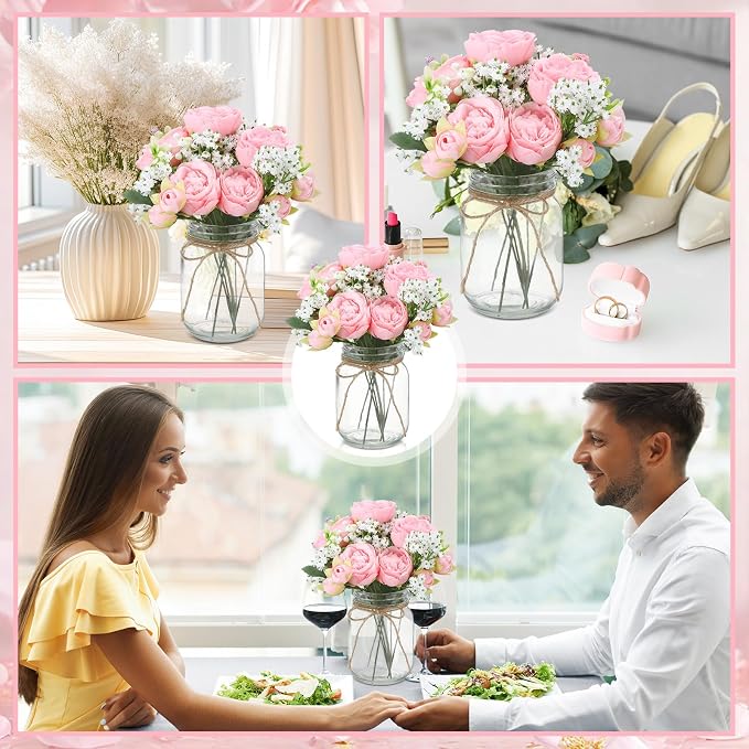 Zeyune 12 Sets Mason Jar Centerpiece Table Decorations, Artificial Peony Baby's Breath Flower Bouquets, Faux Flowers with Vase, Rustic Decor Gifts for Home, Wedding, Holiday (Light Pink)