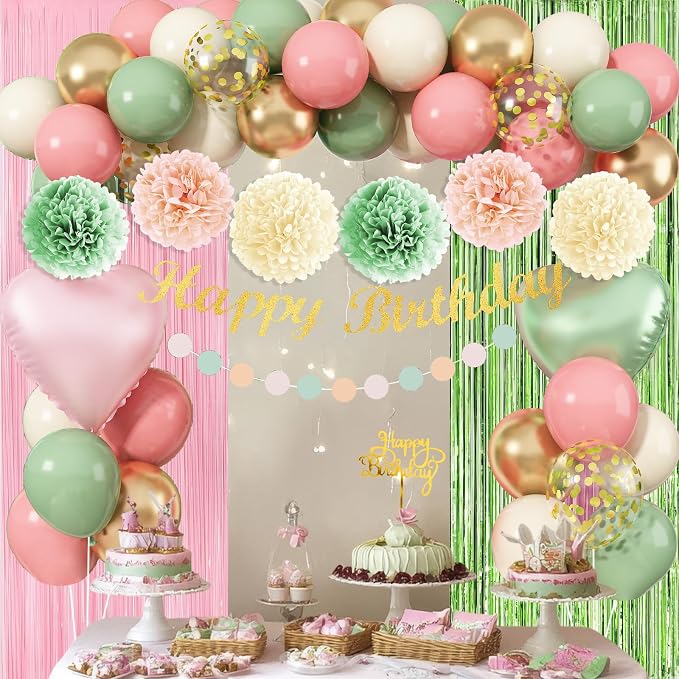 Jobkoo Sage Green Pink Birthday Decorations, Blush Pink Olive Green Gold Sand White Latex Confetti Balloons Boho Happy Birthday Banner Fringe Curtain Pompom for Women Girls Woodland Fairy Party Decor