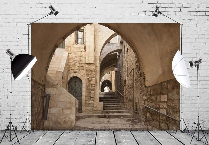 BELECO 8x6ft Fabric Jerusalem Old City Street Backdrop for Photography Ancient Stone Stairway and Arch Old City of Jerusalem Israel Background for Portrait Photoshoot Studio Booth Photo Props