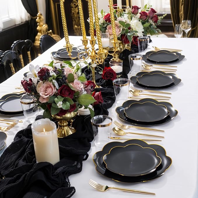 EI 180pcs Black Plastic Plates with Gold Plastic Silverware,Black and Gold Plates Disposable,Heavy Duty Plate for Party,Wedding,Anniversary,Spring Afternoon Tea Business Event,Graduation Decorations
