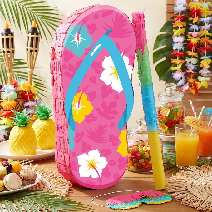 Blosssound Flip Flop Piñata Summer Themed Party Decorations Hibiscus Slippers Piñata with Blindfold Stick for Tropical Hawaiian Luau Beach Pool Theme Birthday Baby Shower Decor Supplies