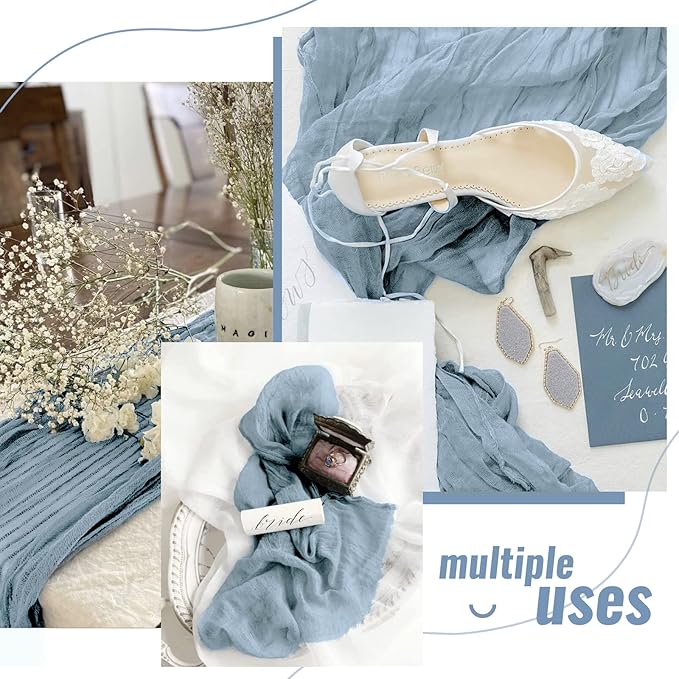 Showgeous 10 Pack Dusty Blue Cheesecloth Table Runner, 10FT Long Semi-Sheer Boho or Rustic Gauze Table Runner Wedding Table Decor for Wedding Arch Draping Bridal Shower Holiday Party