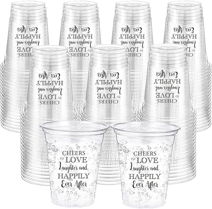 Jingmore 100 Pcs Wedding Plastic Cups 12 oz Cheers to Love Laughter Happily Ever After Disposable Clear Drinking Cups Bulk for Wedding Reception Bridal Shower Engagement Party Decorations Supplies
