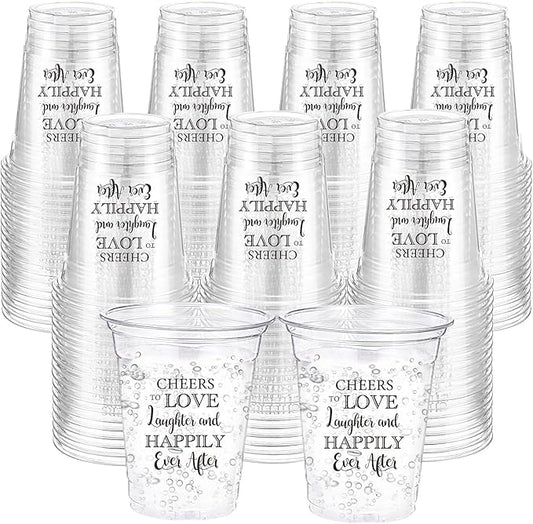 Jingmore 100 Pcs Wedding Plastic Cups 12 oz Cheers to Love Laughter Happily Ever After Disposable Clear Drinking Cups Bulk for Wedding Reception Bridal Shower Engagement Party Decorations Supplies
