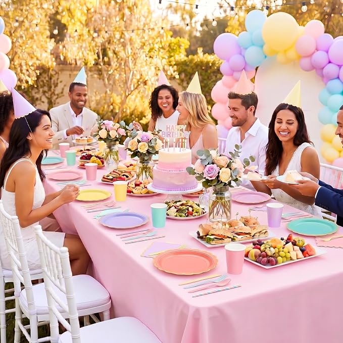 Vesici 452 Pcs Pastel Party Supplies Set for 50 Guests Include 9 Inch 7 Inch Paper Plates Napkins Tablecloths 9 oz Cups Forks Spoons Straws for Birthday Baby Shower Wedding Party Decorations, 6 Colors