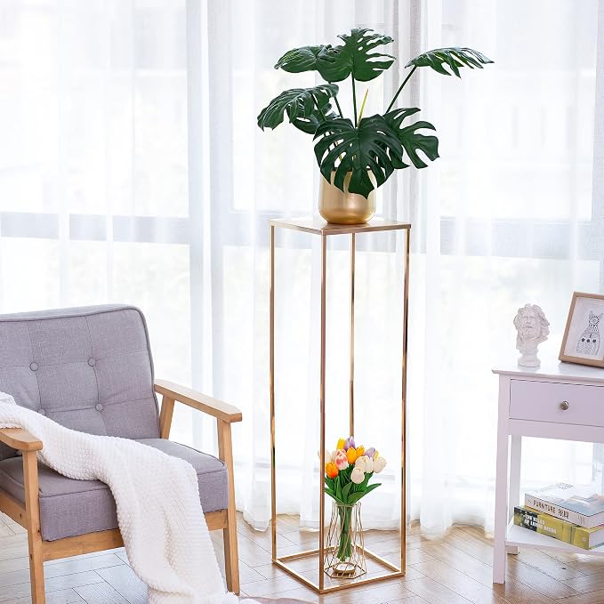 Gold Tall Stand for Wedding: 39.4in, With Metal Panel, Packs of 2 | Columnar Cube Shape, Easy to Assembly, Flowers Cakes Drinks Display Table Centerpieces for Wedding Party Event