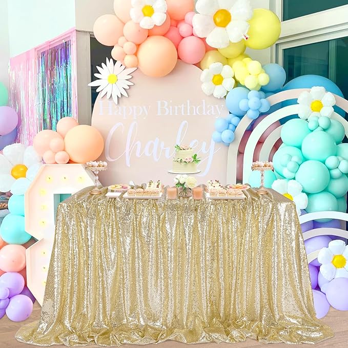 QueenDream Tablecloth Birthday Party Decorations: 50x80 Inch Sequin Tablecloth Light Gold Drapes Glitter Fabric Wedding Baby Shower Events Table Overlay