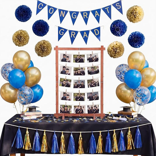 Novabright 36 Pcs 32 Inch Graduation Wooden Picture Frame Display Set Congrats Grad Banner Tassels Paper Flowers Balloon Class of 2026 Preschool High School College Grad Party Decor(Royal Blue, Gold)