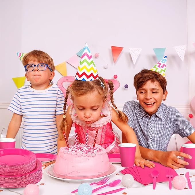 Kochorie 350 Pieces Hot Pink Dinnerware Set, 7 & 9 inch Dessert Paper Plates Cups Napkins Plastic Cutlery Disposable Party Supplies for Birthday Baby Shower Wedding, Serve 50 Guests