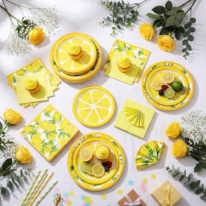 Funnymoom 200 Pcs Lemon Party Supplies Kit Summer Fruit Theme Disposable Paper Dinner Dessert Plates Luncheon Napkins Beverage Napkins for Yellow Lemon Birthday Baby Shower Wedding Party 50 Guests