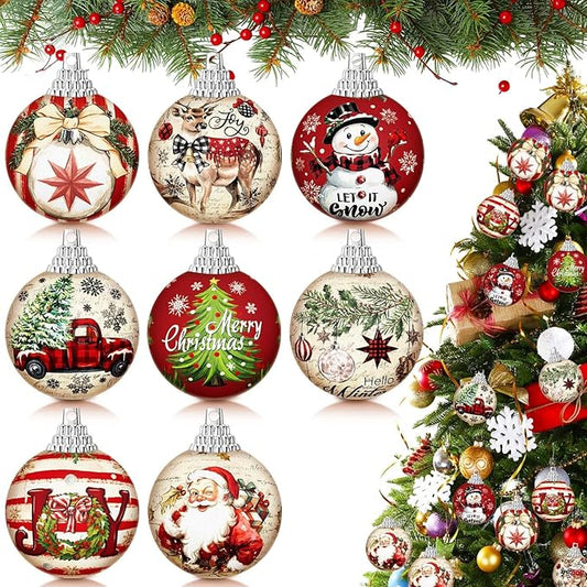 Outus 16 Pcs Christmas Ball Ornaments for Tree Merry Christmas Snow Joy Hanging Ornaments Xmas Santa Claus Snowman Balls for Tree Decoration Xmas Gifts Farmhouse Home Fireplace Decoration