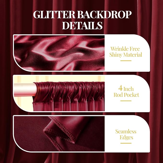 20x10ft Burgundy Glitter Backdrop Curtain for Parties, Wrinkle Free Satin Photo Backdrop Drapes 4 Panels 5x10FT Shimmer Back Drop Cloth for Wedding Birthday Baby Shower Photography Background Decor