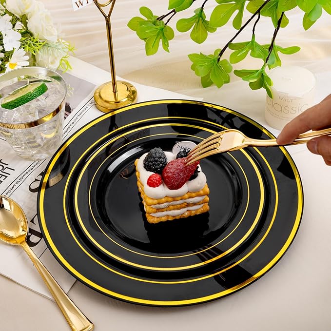 bUCLA 300PCS Black and Gold Disposable Dinnerware Set - 50 Guests Black Plastic Plates with Gold Rim Include 50 Dinner / 50 Dessert Plates, 50 Forks,50 Knives,50 Spoons&50 Cups for Party&Graduation