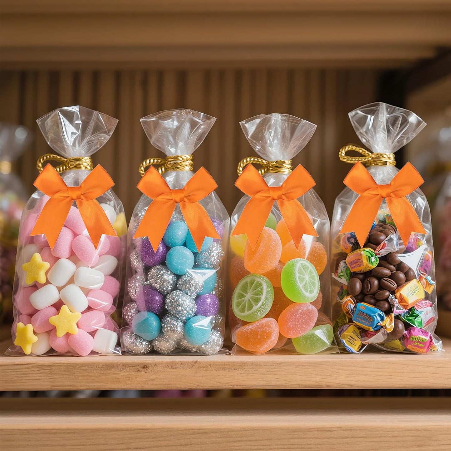 50 PCS Twist Tie Bows Satin Ribbon Bows 3.3 Inch Gift Wrap Bows Craft Bows for Gift Wrapping, Party Decorations Gifts Bag DIY Treat Bags Wedding Decor Baby Shower Christmas (Orange)