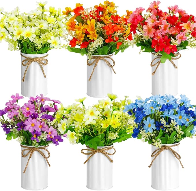 6 Sets Spring Daisy Table Centerpieces Colorful Artificial Wildflower with Galvanized Metal Pot Vintage Artificial Potted Daisy Flowers Decoration for Easter Home Office Wedding Party Baby Shower