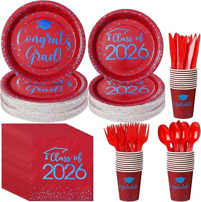350pcs Class of 2026 Graduation Plates and Napkins Set, Disposable Paper Plate Set Polka Dots Plates Napkins Cups Knife Fork Spoon for Graduation Party Decorations and Supplies,Serve 50 (Red Blue）