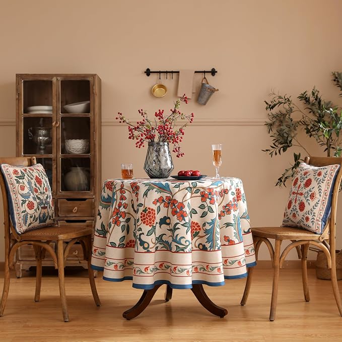 patdrea Elegant French Linen Tablecloth,Round,Diameter 55"-Puno | Luxurious Table Cloth for Round Table,Vintage Colorful Floral Design,Dining Room Kitchen Tea Party Decorations