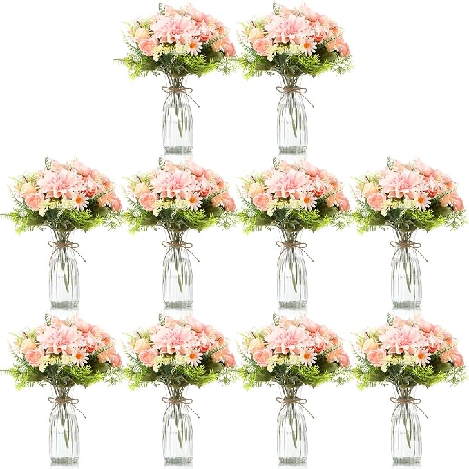 Reallnaive 30 Pack Artificial Flowers Table Centerpieces Decorations with Plastic Vase Wedding Mason Jar 20 Bundles Silk Floral Bouquet 10 Clear Vase with Rope for Party Decor(Dahlia,Pink)